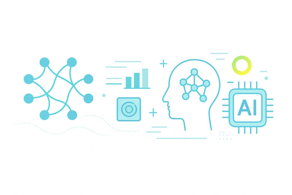 Stilisierte Grafik mit Symbolen für künstliche Intelligenz, neuronale Netzwerke, Datenanalyse und ein AI-Chip – in hellblau-türkiser Farbpalette auf weißem Hintergrund.